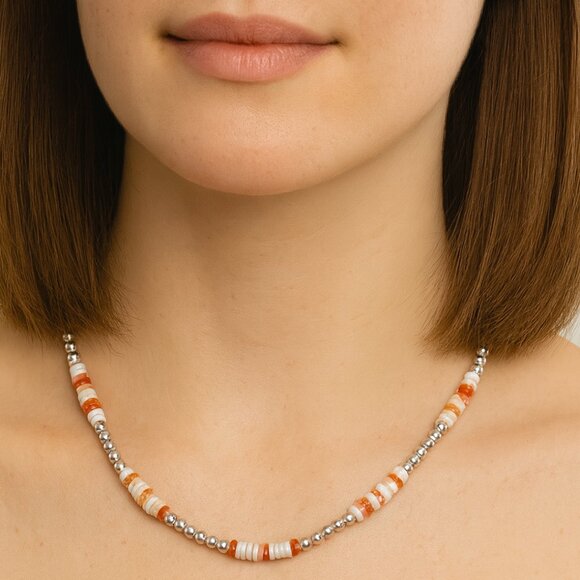 Sterling Silver & Spiny Oyster Beaded Necklace - Picture 1 of 13